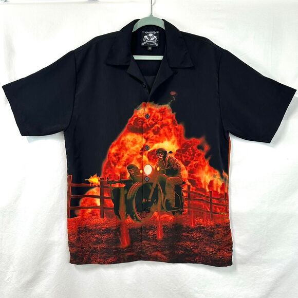 ROCKHOUSE ROADHOUSE Black Printed Boxy Button Up Motorcycle Flames M Y2K 2000s - Picture 1 of 6